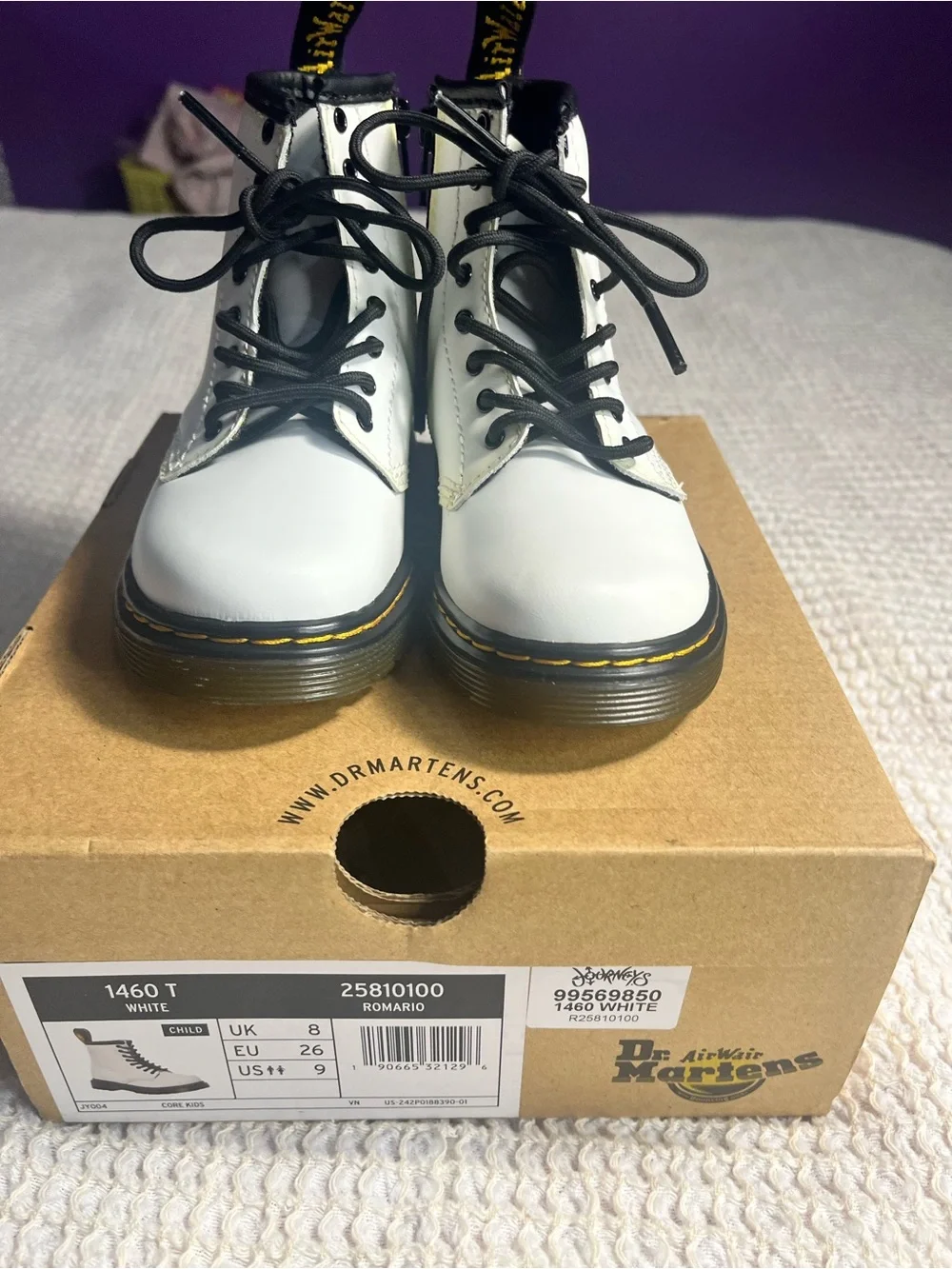 Dr. Martens Kids White Leather Lace-Up Boots with Black Laces